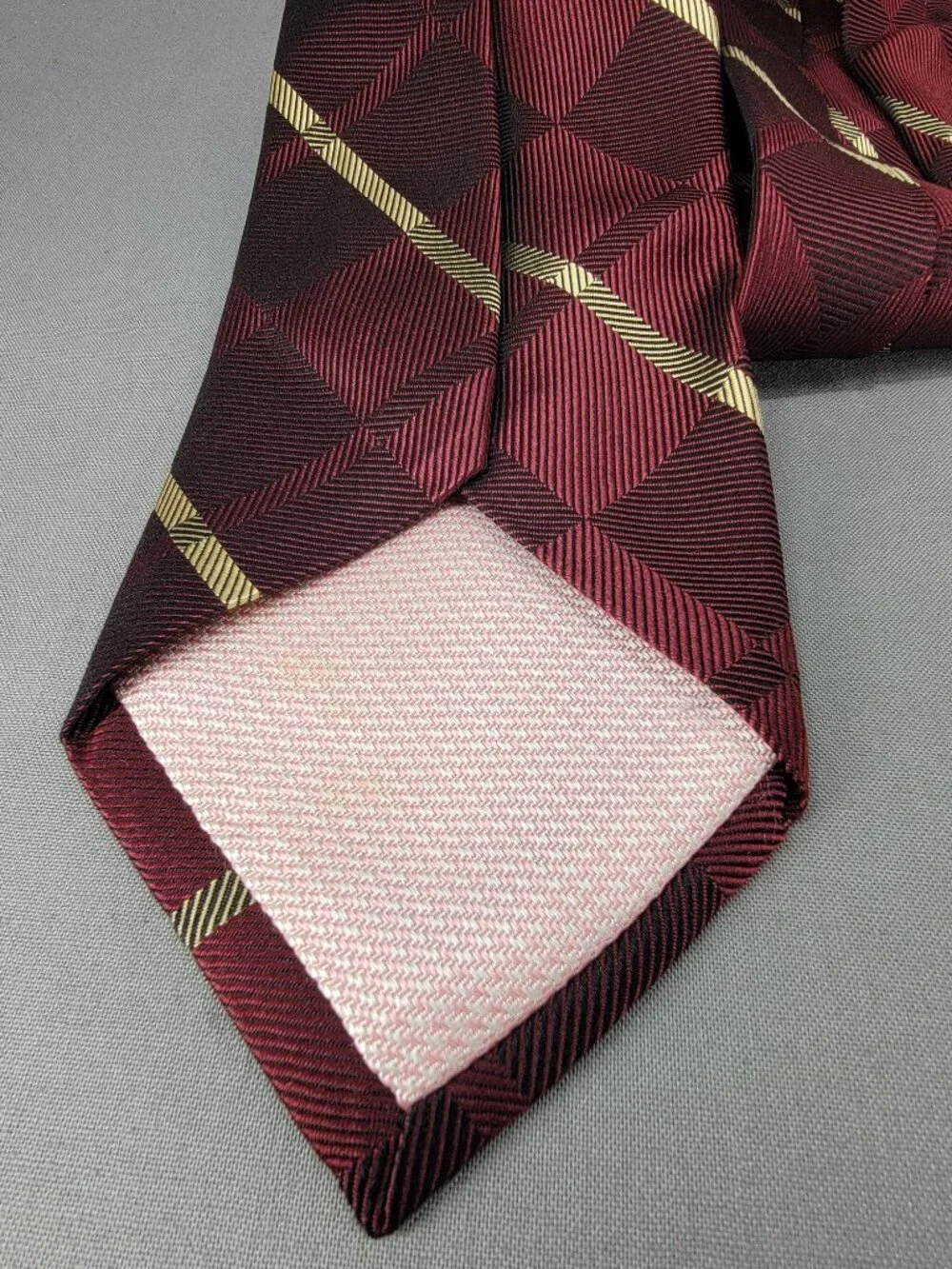 Fairfax Barneys Silk Necktie Tie Mens Maroon Gold Black Stripe Hand Made